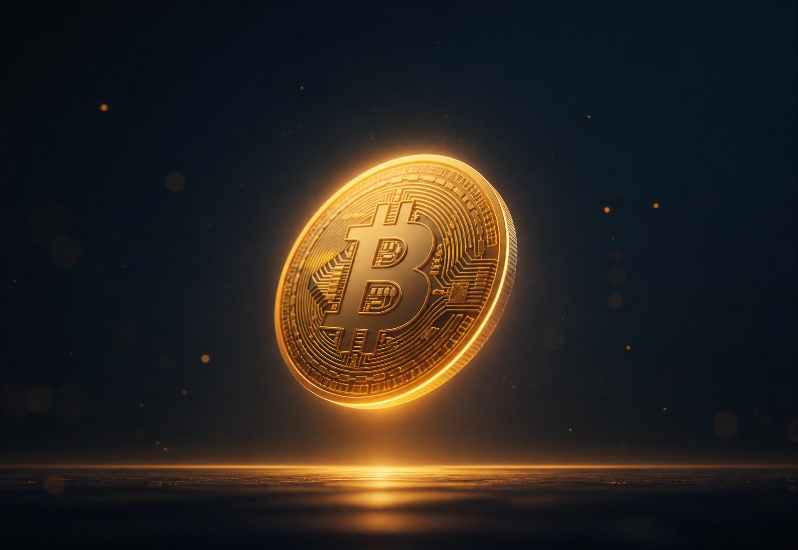 A glowing golden Bitcoin coin floating above a calm horizon
